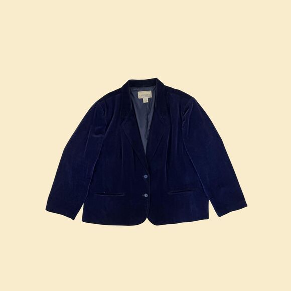 1970s blue velour blazer jacket by Catherines, vintage womens size 48 jacket - Picture 1 of 10